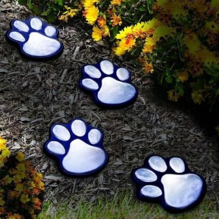 4 Solar Dog Paw Print Lights Garden Animal Statue Lantern Led Path 3" Light Lamp for Garden Patio Yard Decor Walkway Lighting (White Light)