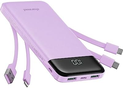 Charmast Portable Charger with Built in Cables, Portable Charger with Cords Wires Slim 10000mAh Travel Essentials Battery Pack 6 Outputs 3A High Speed Power Bank for iPhone Samsung Pixel LG Moto iPad