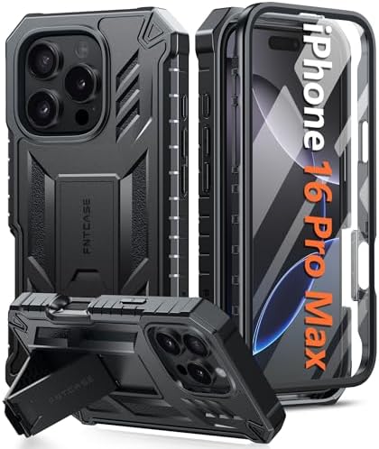 FNTCASE for iPhone 16 Pro-Max Case: Military Grade Drop Proof Protection Mobile Cover with Kickstand | Matte Textured Rugged Shockproof TPU | Protective Sturdy Phone Case - 6.9 inch Black