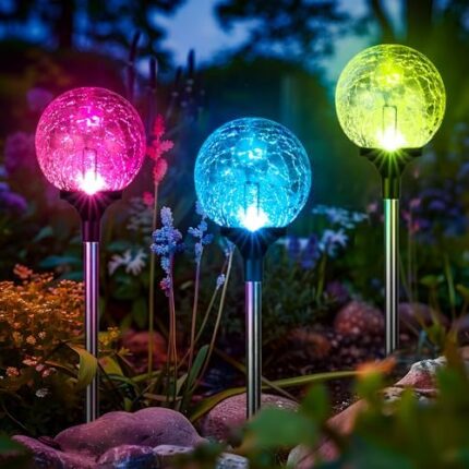 GIGALUMI Solar Garden Lights 3 Pack, Solar Powered Outdoor Lighting Multi-Colored Changing Garden Globes Waterproof Cracked Glass Ball with LED Lights Decor for Yard Patio Porch Balcony Landscape