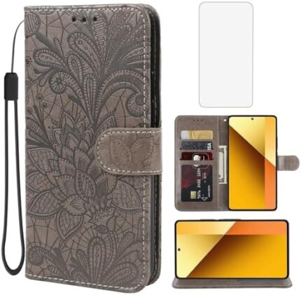 Gufuwo Case for Redmi Note 13 5G Case, 2312DRAABG Wallet Case with Tempered Glass Screen Protector, Lace Flower PU Leather Flip Credit Card Holder Phone Cover for Xiaomi Redmi Note 13 5G Gray