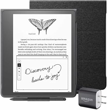 Kindle Scribe Essentials Bundle including Kindle Scribe (16 GB), Premium Pen, Fabric Cover - Black, and Power Adapter