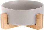 LIONWEI LIONWELI Grey Ceramic Cat Dog Bowl Dish with Wood Stand No Spill Pet Food Water Feeder Cats Small Dogs