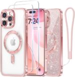 Meifigno Case Designed for iPhone 16 Pro 6.3 Inch, [Compatible with MagSafe] [2X Screen Protectors] [Glitter Card & Wrist Strap] Surround Lens Protection Designed for iPhone 16 Pro Case, Rose Gold