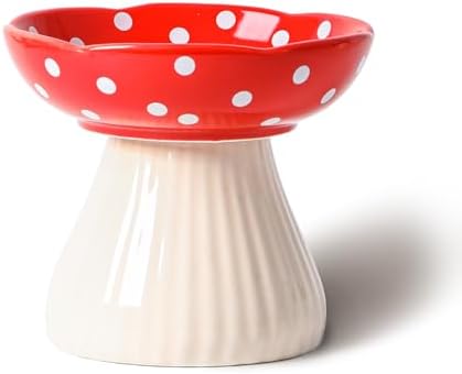 RESVUGA Mushroom Raised Cat Bowl, Cute Polka Dot Safety Ceramic Elevated Cat Bowl. Food Water Bowls for Cat, Small Dog. (Red)