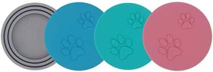 SLSON 4 Pack Pet Food Can Cover Universal Silicone Cat Dog Food Can Lids 1 Fit 3 Standard Size Can Tops, Blue, Green, Pink and Grey