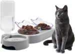 Triple Cat Bowls,15°Tilt 3-in-1 Water Feeder Bowls Cat Double Food Bowls with Automatic Water Bottle Bowl, Whisker Friendly Wet and Dry Cat Elevated Feeding Dishes for Small Cat and Puppy (Lead White)