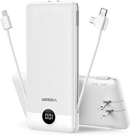 VEGER Portable Charger for iPhone Built in Cables Fast Charging USB C Slim 10000mAh Power Bank, Wall Plug USB Battery Pack for iPhones, iPad, Samsung More Phones Tablets (White)