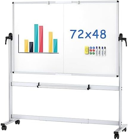 VIZ-PRO Double-Sided Mobile Whiteboard, 72 x 48 Inches, Magnetic Rolling Dry Erase White Board on Wheels with Aluminium Frame and Stand