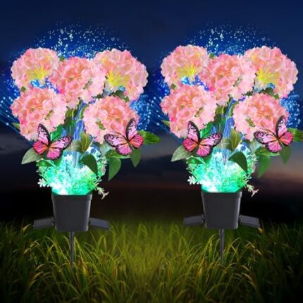 ZPQBEYE Solar Garden Lights Outdoor Waterproof Decorative Solar Lights Hydrangea Flower Pot 2 Pack with Butterfly & 7-Color Changing Optical Fiber, Flower Solar Lights for Outside Garden Yard Decor