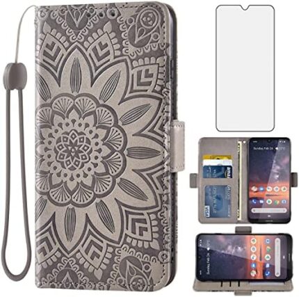 Asuwish Phone Case for Nokia 3V 3.2 with Tempered Glass Screen Protector and Flower Leather Wallet Flip Cover Credit Card Holder Stand Cell Accessories Nokia3.2 3 V Verizon V3 TA-1182 Women Men Grey