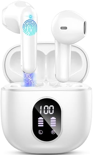 Wireless Earbuds, 2024 Bluetooth 5.3 Headphones-Deep Bass Stereo Ear Buds with ENC Noise Canceling Mic, 50Hrs Bluetooth Earbuds-Clear Call/LED Displays, IP7 Waterproof Earphones Wireless Android-White