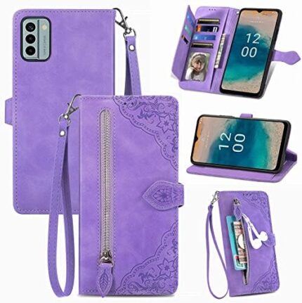 Monwutong Zipper Storage Design Wallet Phone Case for Nokia G22, Skin Friendly Feel Leather Case with Magnetic Clasp and Muliti-Card Slots Holster for Nokia G22,SZY Purple