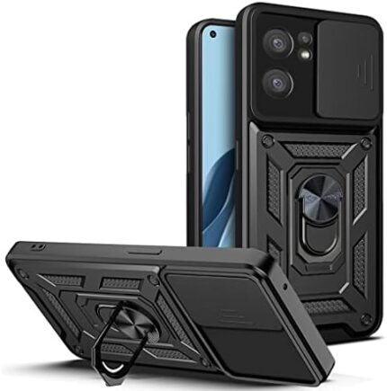 CCSmall Sturdy Case for Oppo Reno7 5G with Slide Camera Window, Heavy Duty Military Grade Protection Phone Cover Built-in 360°Rotate Ring Stand for Oppo Reno7 5G SJ Black