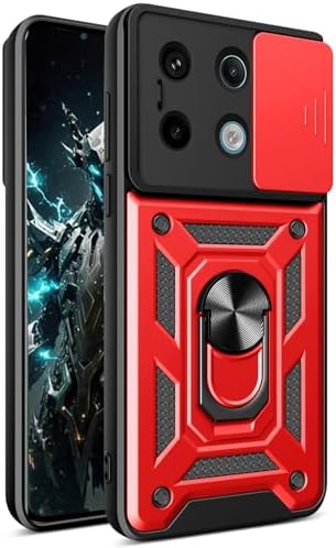 CSmall for Xiaomi Redmi Note 13 Pro 4G Case with Slide Camera Lens Cover, Military Grade Shockproof Protection Cover with Ring Kickstand Case for Redmi Note 13 Pro 4G /Poco M6 Pro SJ Red