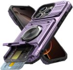 Enniew for iPhone 16 Pro Case with Card Holder + 360° Rotate Magnetic Ring Kickstand Shockproof Military Grade Dual Layer Heavy Duty Hidden Card Slot Wallet Case Cover for iPhone 16 Pro 6.3'' Purple