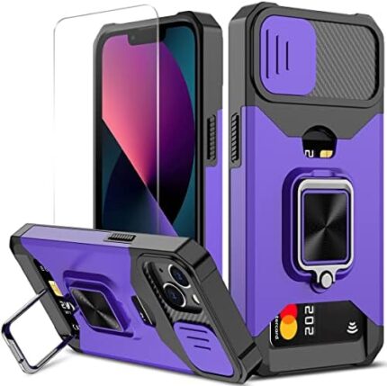 Nvollnoe for iPhone 13 Case with Sliding Camera Cover and Card Holder Heavy Duty Protective for iPhone 13 Case with Screen Protector Magnetic Kickstand Phone Case for iPhone 13(Purple)