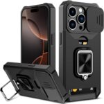 for iPhone 16 Pro Case with [Card Holder Slot][Stand Kickstand Ring][Sliding Window] Tough Slim Heavy Duty Defender Armor Shockproof Military Grade Dual Layer iPhone 16 Pro Case Cover